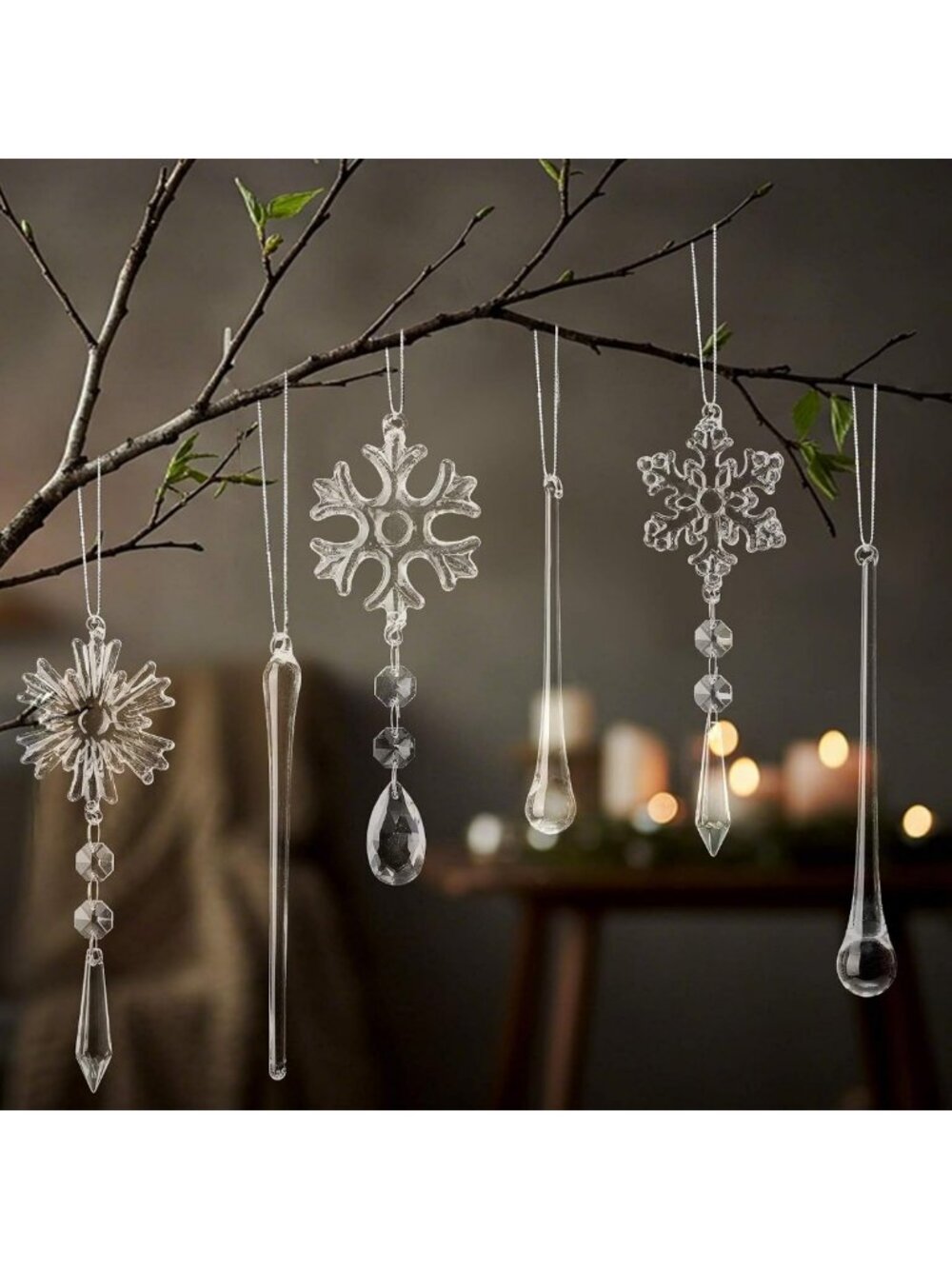 18 Pcs Winter Snowflake Glass Ornaments - Clear Hanging Icicles & Teardrop Decor